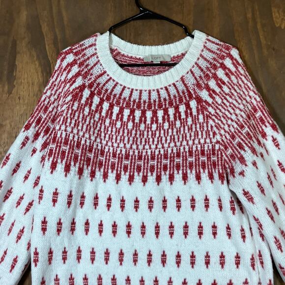 LOFT Womens Sweater White Red Fair Isle Comfy Winter Wool Blend XLarge - Picture 2 of 12